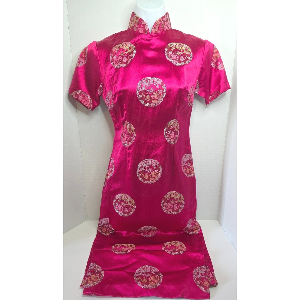 60s Vintage Fuchsia Pink Satin Cheongsam Qipao Dress Dragon Phoenix Brocade Midi